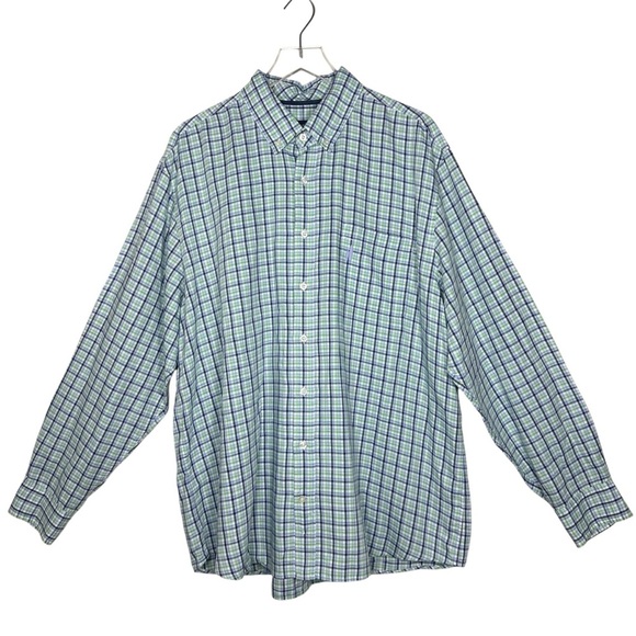 Johnnie-O XXL Men’s Plaid Long Sleeve Shirt Linen Cotton Blend Blue Green - Picture 10 of 11